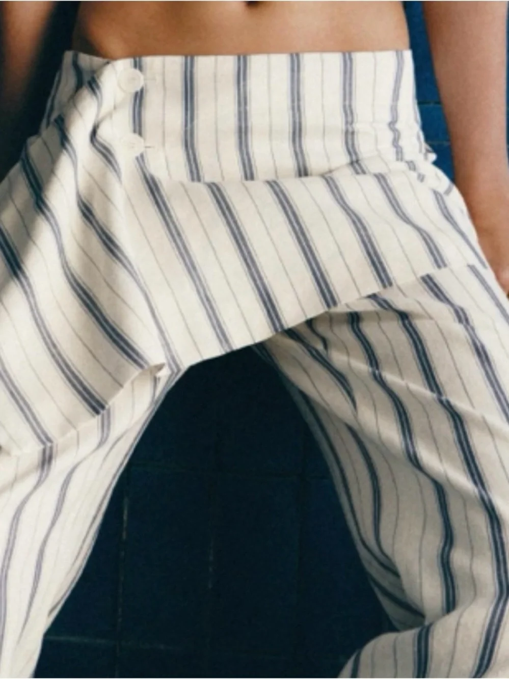 ZARA Cream with Blue Striped Pareo Straight Leg Pants - Size XL - NEW